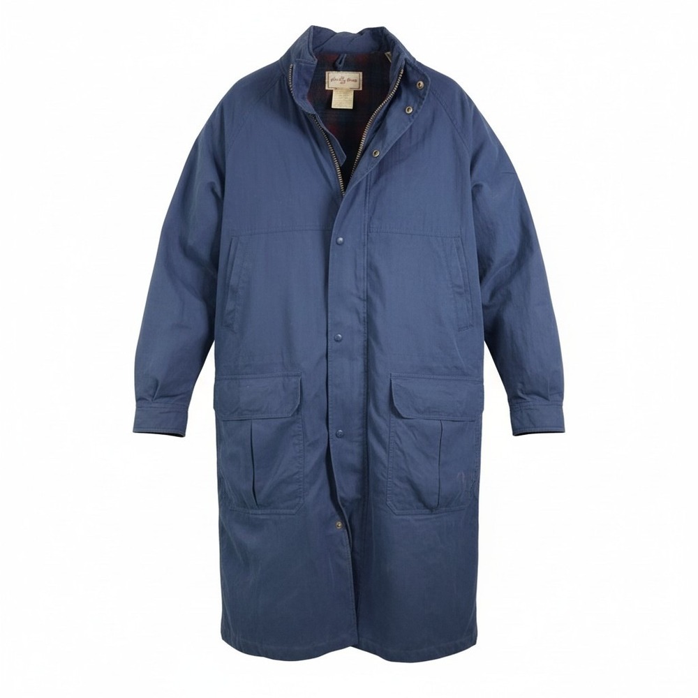 LL Bean Long Duster Coat Mens Tall Large Blue Wool Plaid Lined Insulated